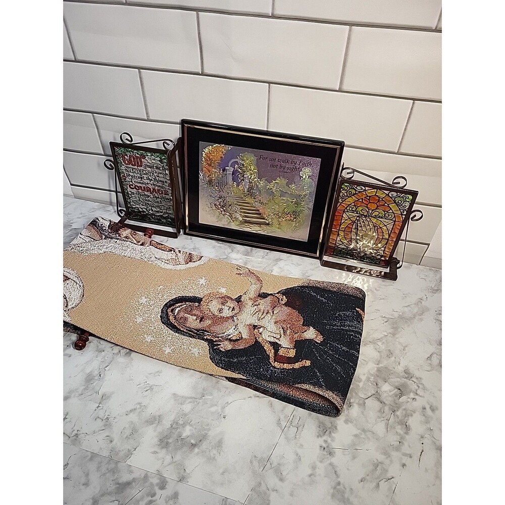 Signed Magic Effects Print-Vtg  Bookends-Mary Tapestry Religious Decor Bundle